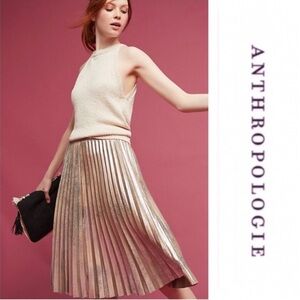 Anthropologie Maeve Metallic Pleated Midi Skirt shimmering tan silver pleated